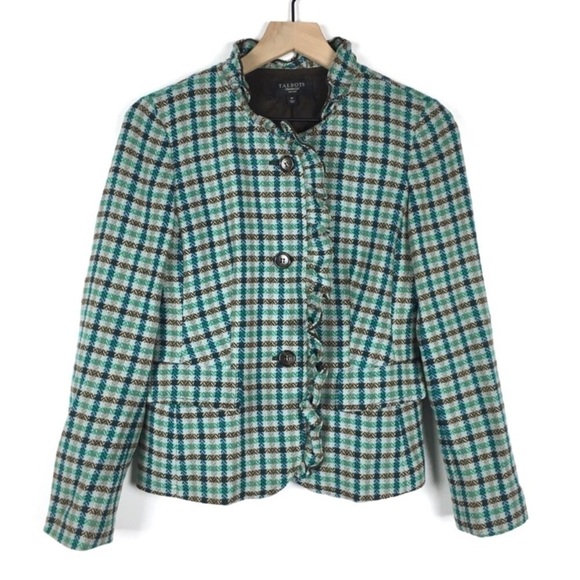 TALBOTS Jacket 100% Wool Plaid Ruffle Blazer Button Dark Academia Petite Size 4P - Picture 1 of 9